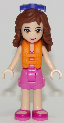 Olivia, Dark Pink Shorts, Dark Pink and White Swimsuit Top, Life Jacket, Sunglasses